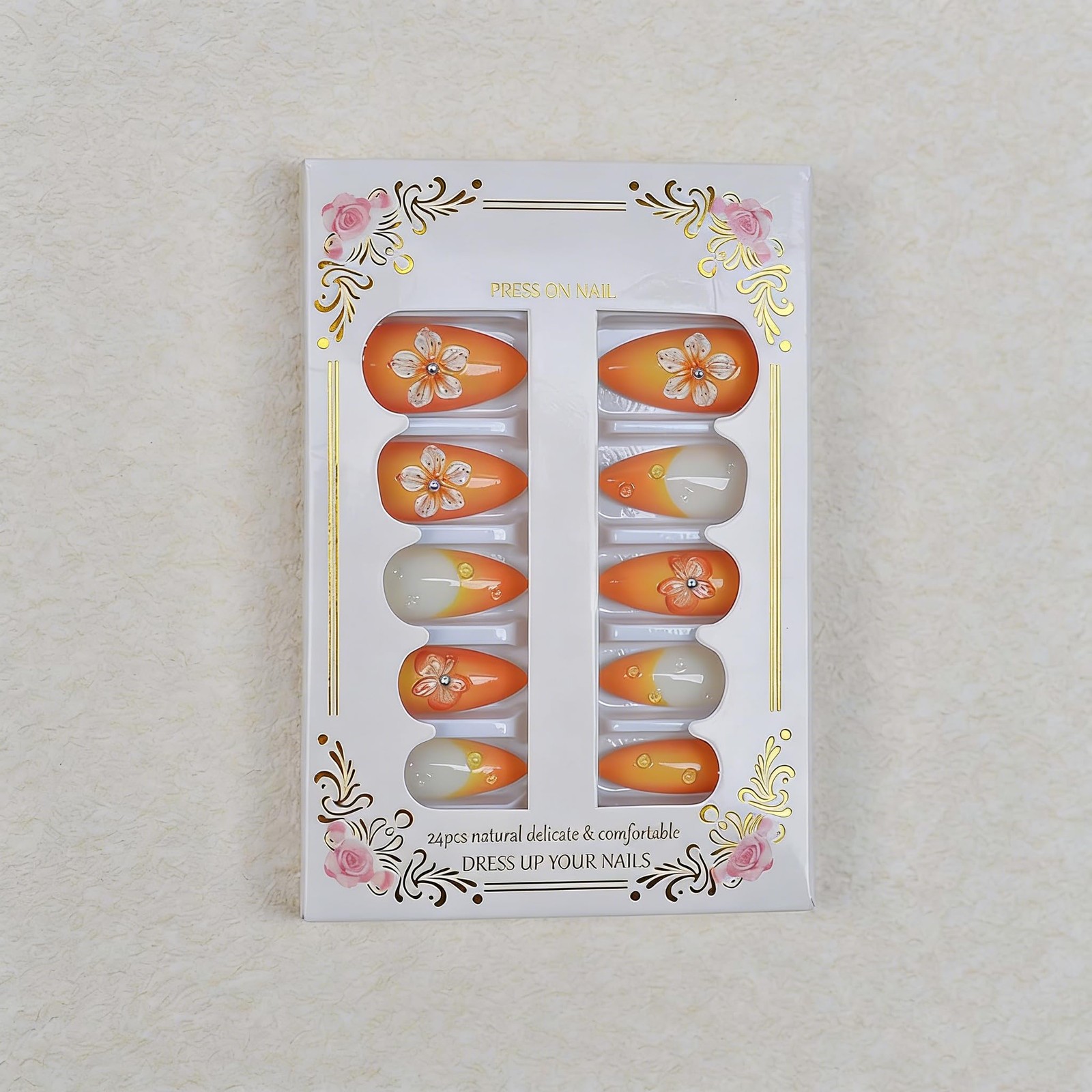 Almond Press on Nails Sunset Ombre French Tip, 3D Frosted Flower, Warm Orange…