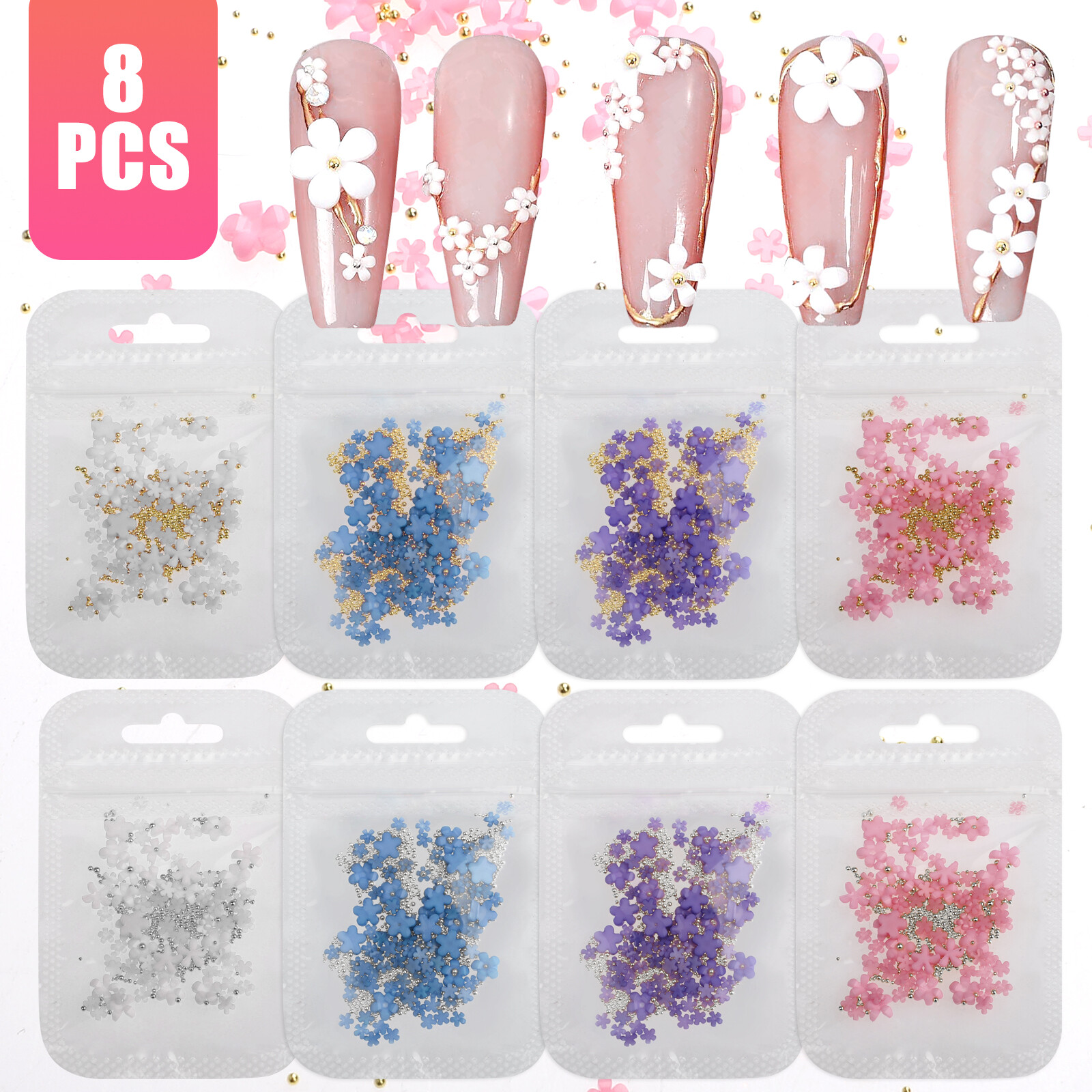 8pcs 3D Acrylic Flower Nail Art Stickers Charms Decals Cute Manicure Decoration