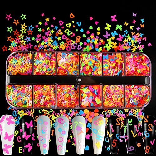 Luminous Nail Art Sequins, Fluorescent 3D Nail Glitter Flower and Butterfly