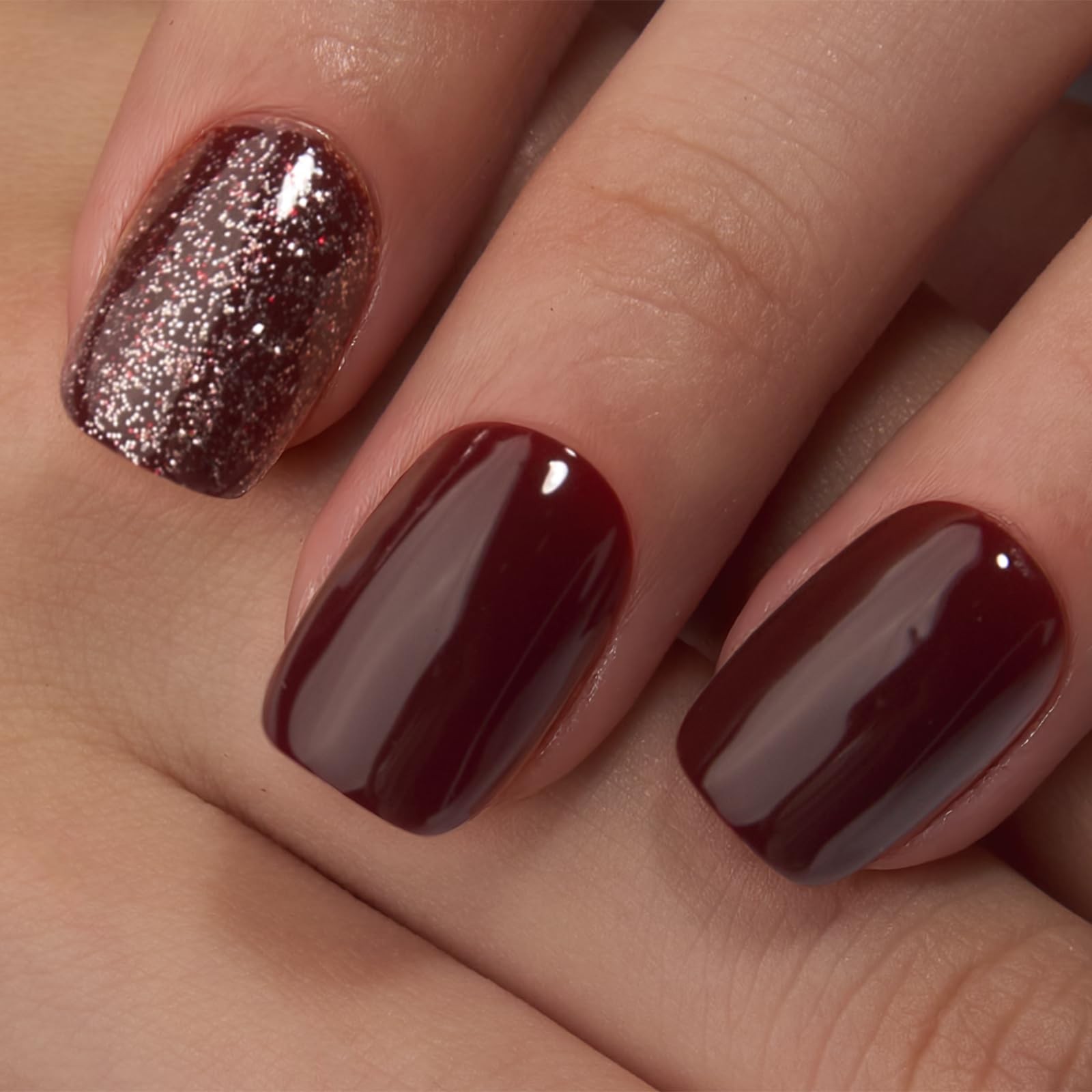 30pcs Press on Nails, Short Square Acrylic Fake Nails with Wine Red Glitte Ap…