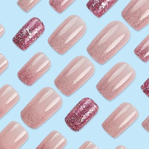 Medium Press on Nails Square Fake Nails Pink Gradient Acrylic Full Cover style4
