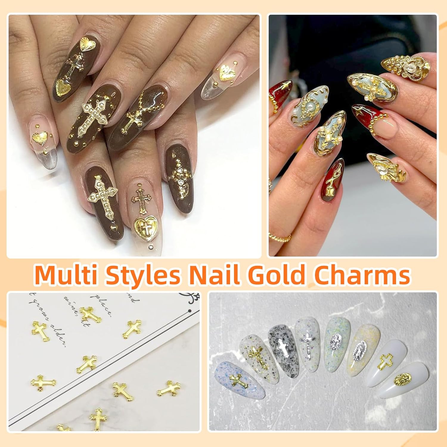 60 Pcs Gold Coss Nail Charms, 12 Styles 3D Cross Gold Nail Charms Crosses Star N
