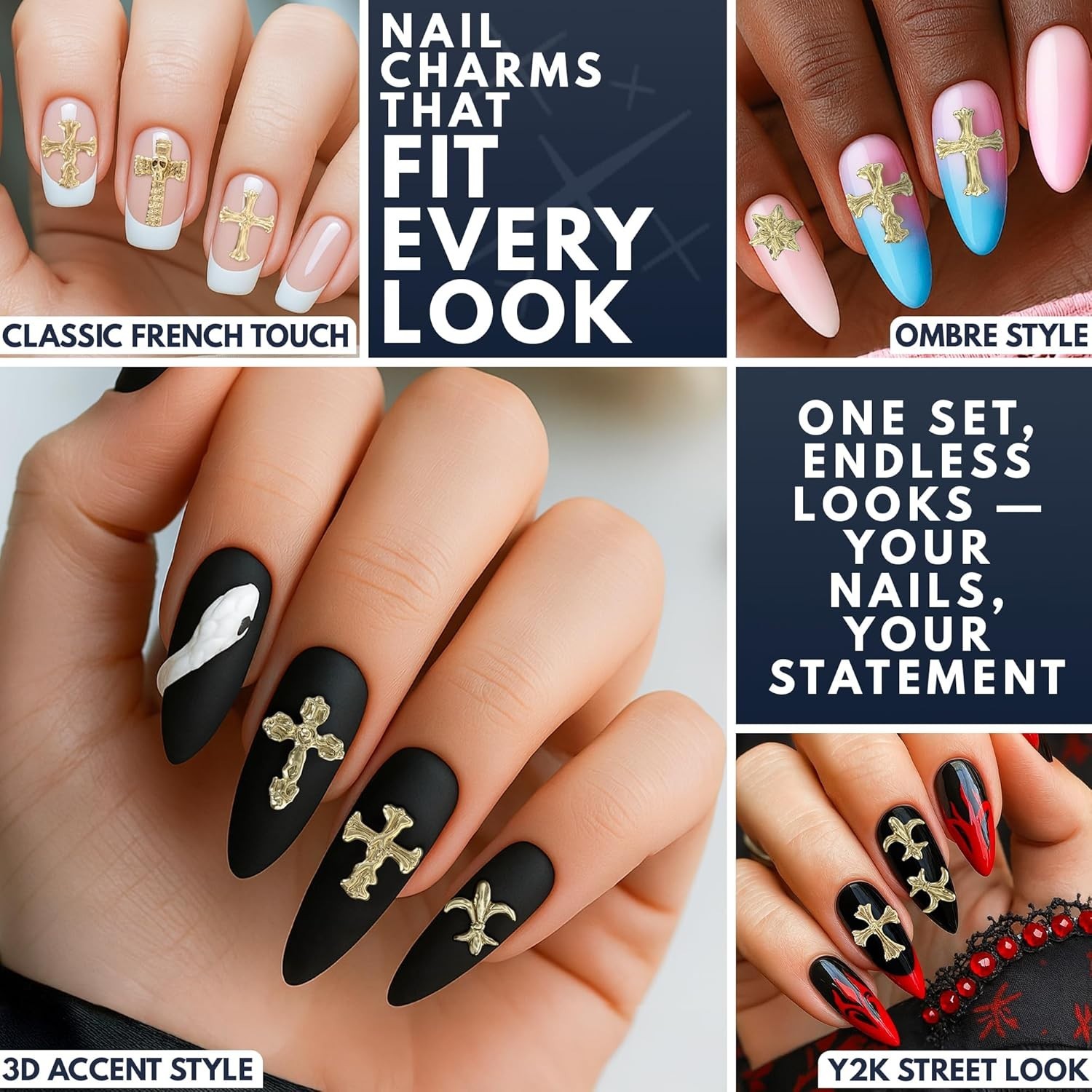 Gold Cross Nail Charms – 100 Pcs Set Gold Nail Charms and Gems in Acrylic & M…