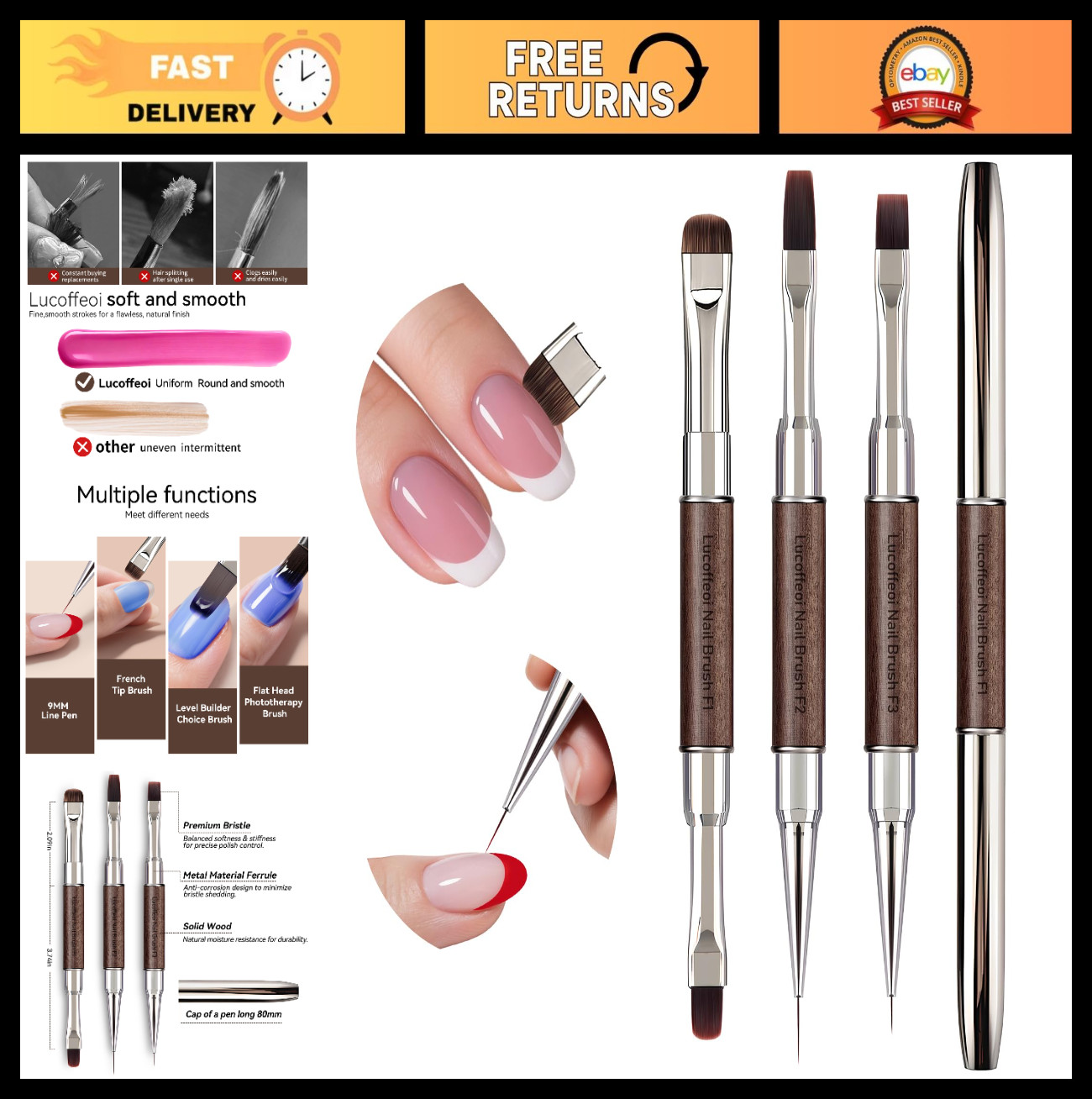 3Pcs Dual-End Nail Art Brushes Set – Builder Gel, Flat/Oval/Angled Tips, Clean U