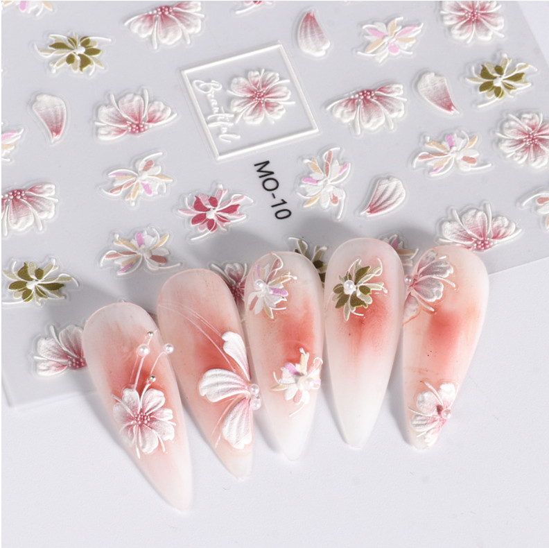 5D Camellia Gradient Pink Nails Stickers Embossed Pentapetal Flowers Fairy NS49