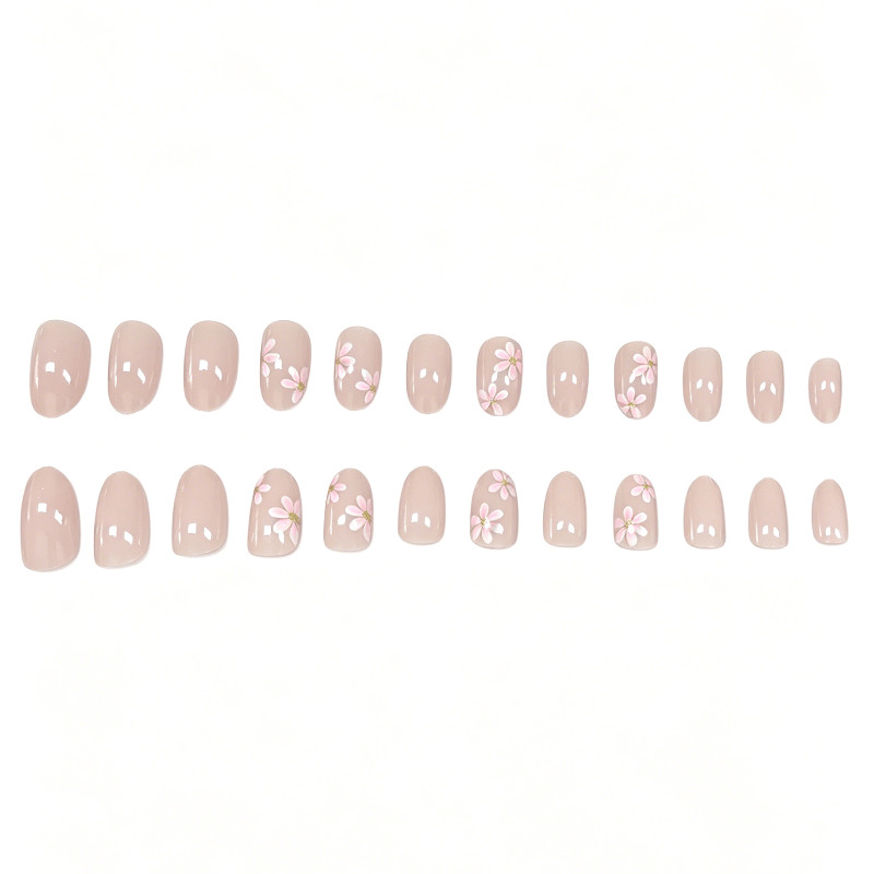48pcs Short Round Press on Nails, Nude Pink Tiny Daisy Casual Daily Nails