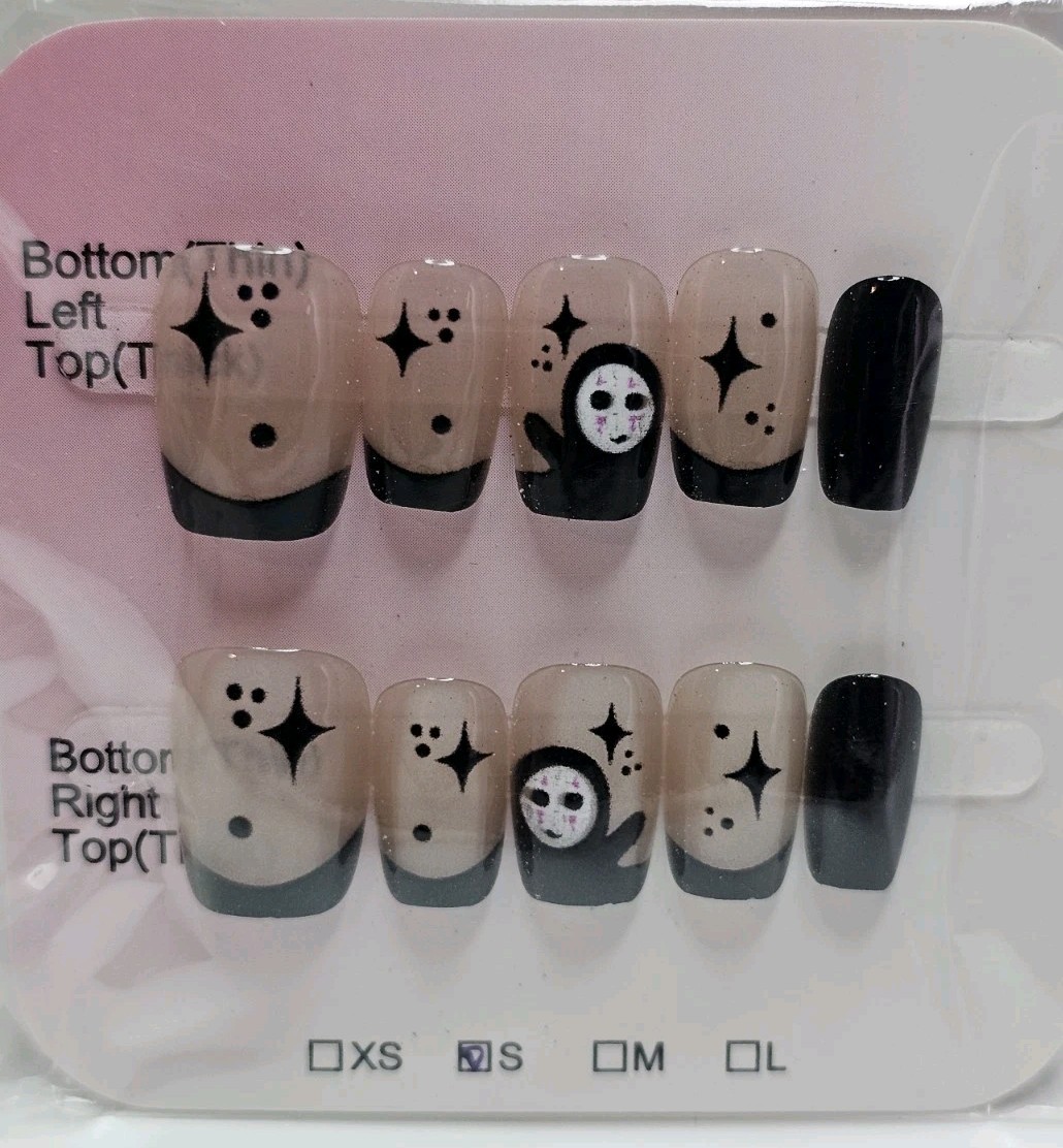 Press On Nails No Face Inspired Black Beige Stars Cute Art Nail Set