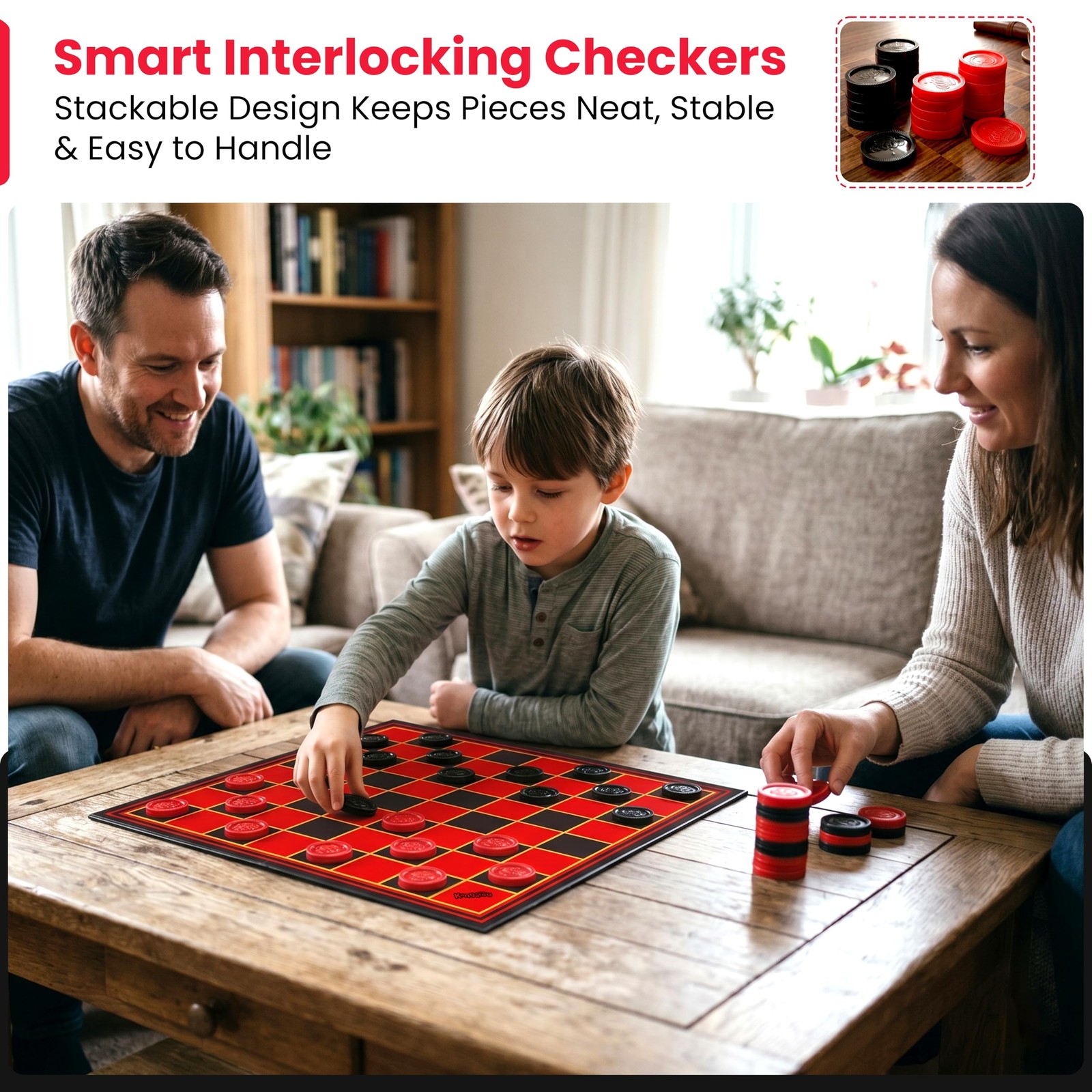 Kangaroo – Multiplayers Strategy Checker Board 15 x 15 inches, Red and Black