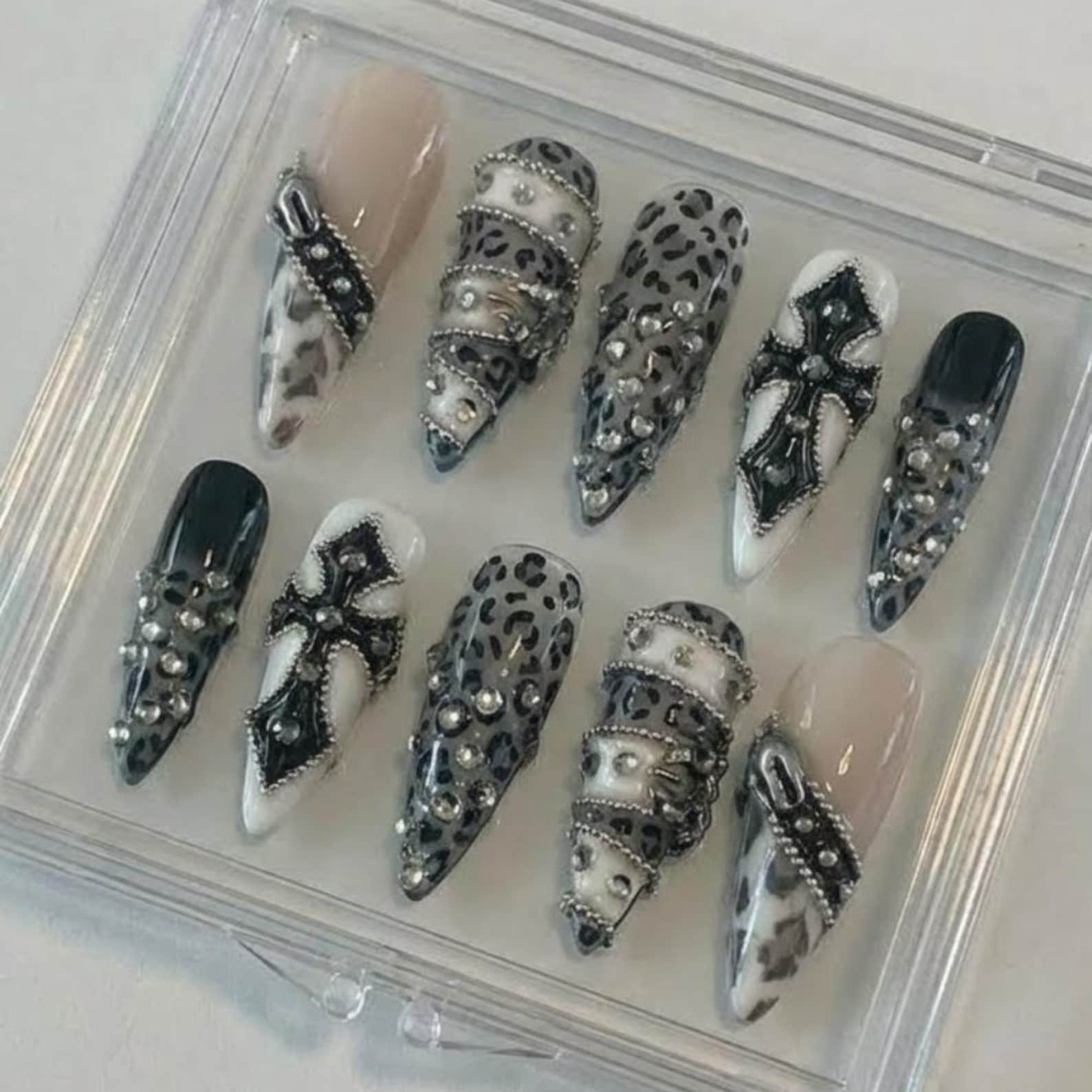 Handmade Black Leopard Cross Chain Rhinestone Long Stiletto Press on Nails