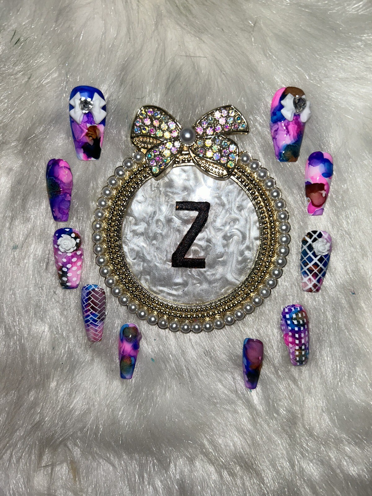 Z NAILZ! Handmade Tie Dye L Coffin W/White Stamps, Bows And Roses Press On Nails