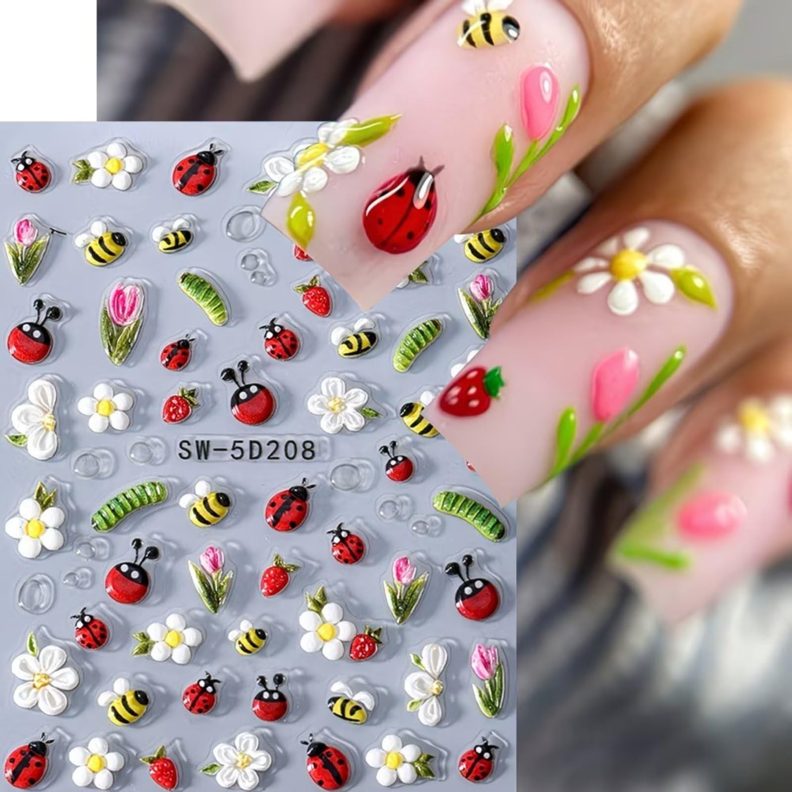 Spring Nail Art Stickers 5D Embossed Flower Nail Deals Bee Floral Ladybug Str…