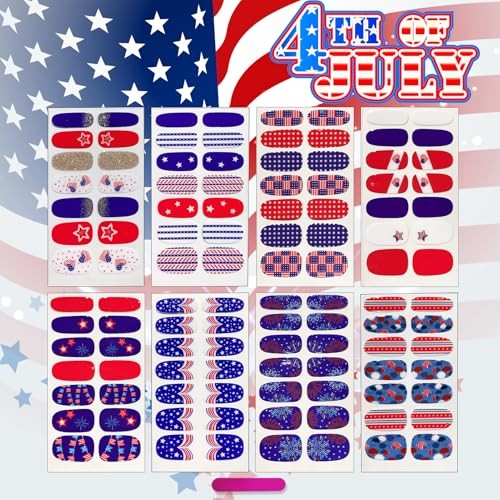 8 Sheets 4th of July Nail Wraps Stickers, Independence Day Full Nail Polish
