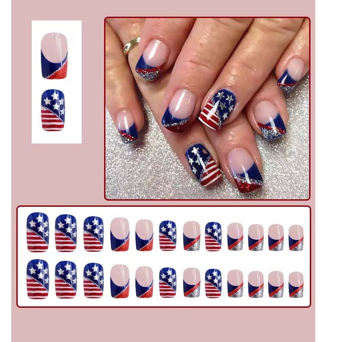 Red, White, Blue American Flag Shiny Square Nails New