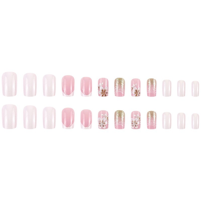 48Pcs-Elegant Line Art Press on Nails Medium Square French Floral Sparkle Design