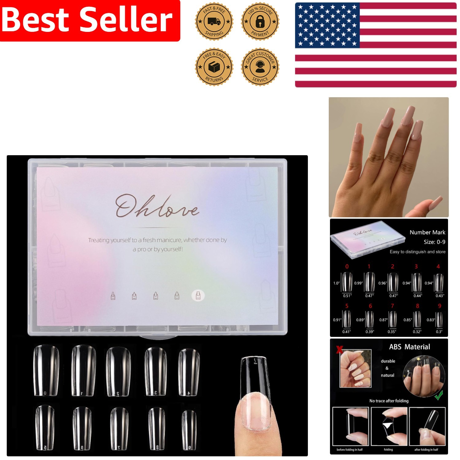 Acrylic Nail Tips Clear 500 Pcs Full Cover Square Shape Professional Salon Use
