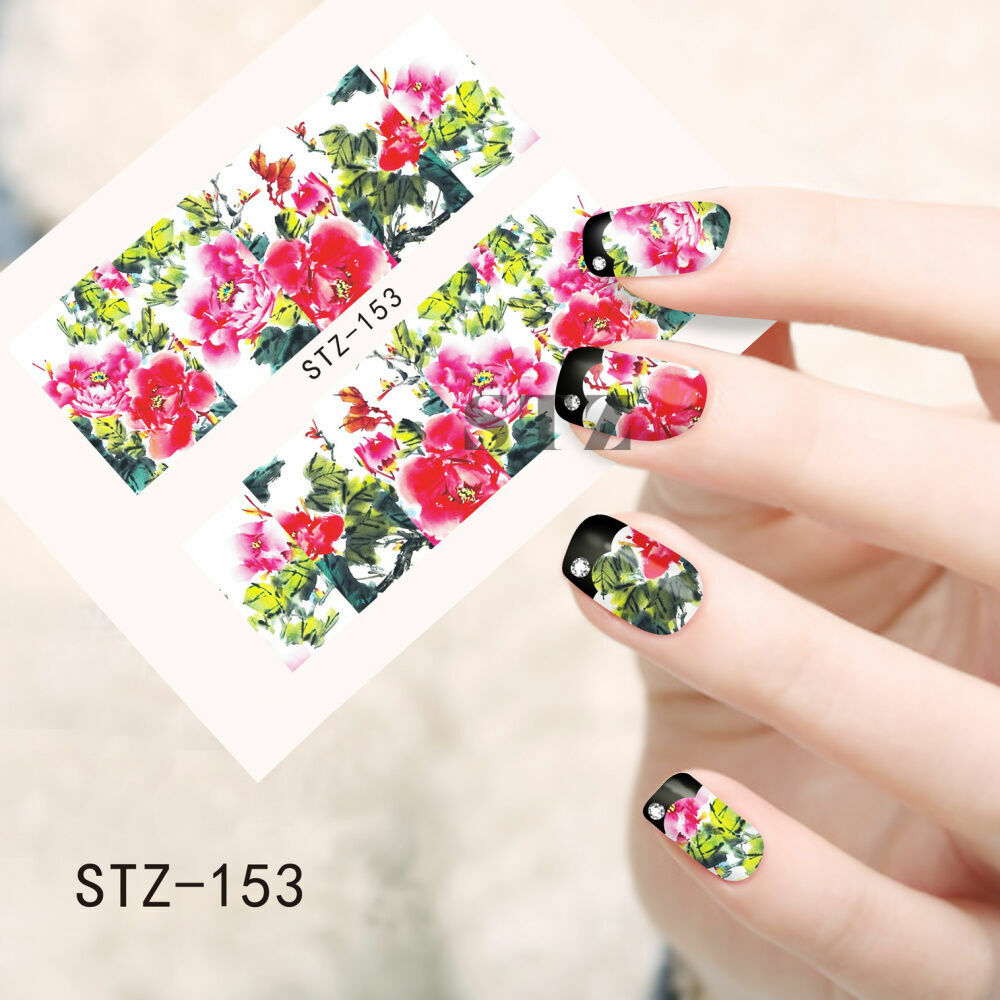 Full Wrap Water Transfers Nail Art Decals Flower Clock Leaf Bow Decoration NS11