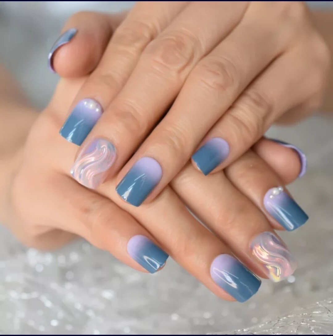 24 Unique 3D Swirl Press On Nails Short Ombre purple blue holographic Glue On di