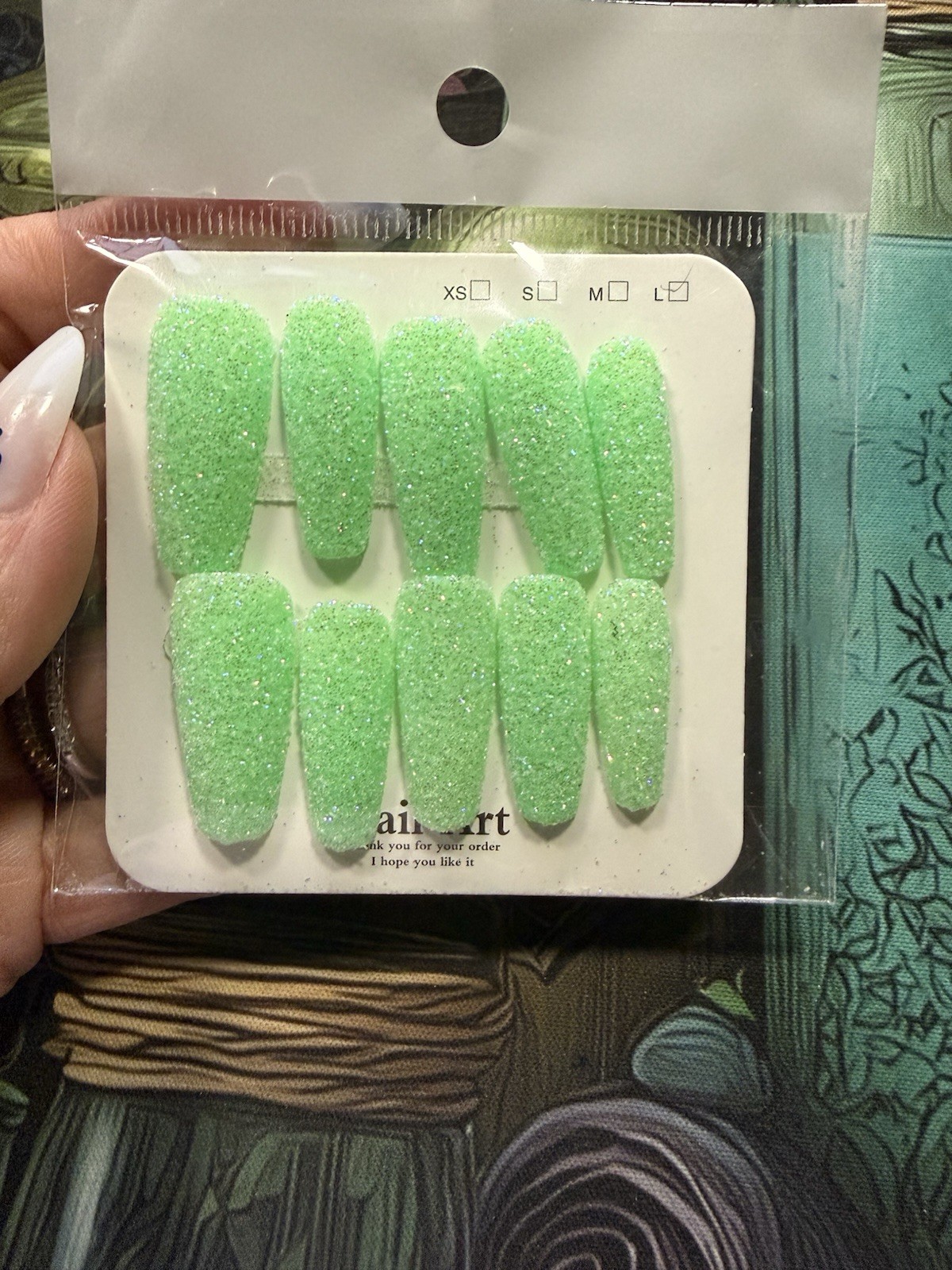 Extra Long Coffin Neon Green Glitter Press On Nails Size-Large Long Coffin