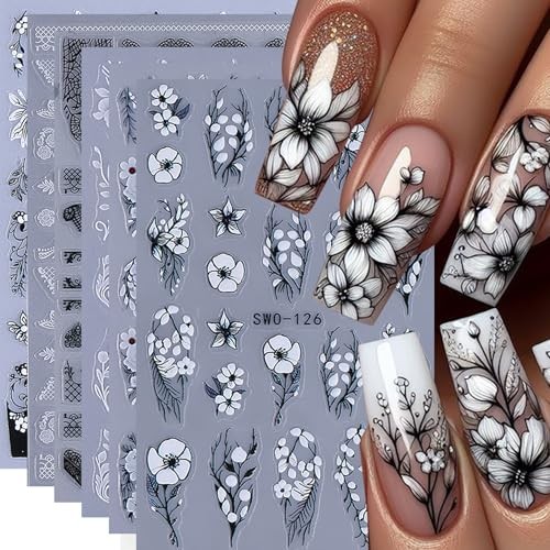 Lace Flower Nail Art Stickers 6 Sheets Black White Floral Black White Flower
