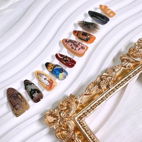 30Pcs Medium Almond Halloween Press On Nails 3D Spider Bat Ghost Designs