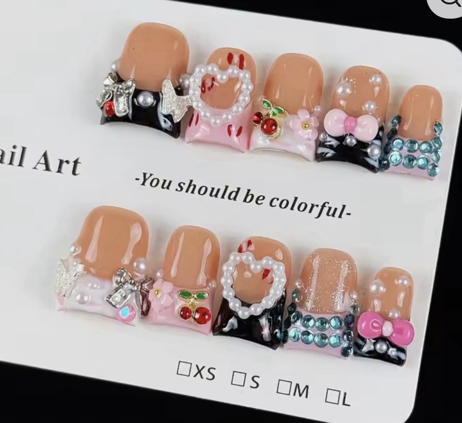 Pink & Beige 3D Bow Rhinestone Press-On Nails Short Square Set