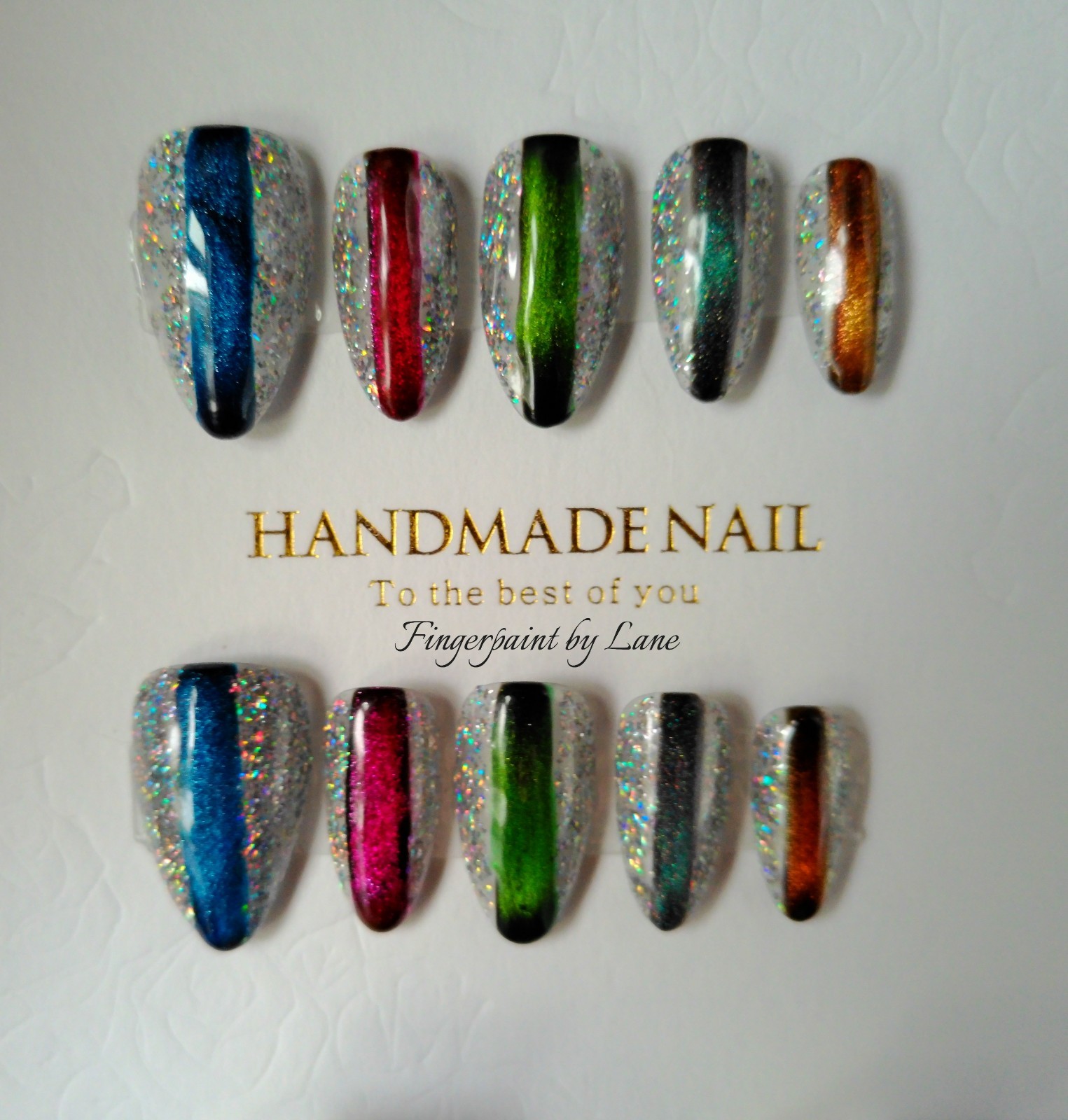 Silver Glitter and Cat Eye Multi-color Short Almond Press On Nails – Medium Size