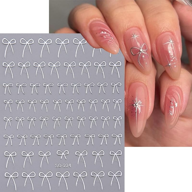 12 Sheets Bow Nail Stickers Bows Nail Decals 3D Self Adhesive Silver Gold Bow