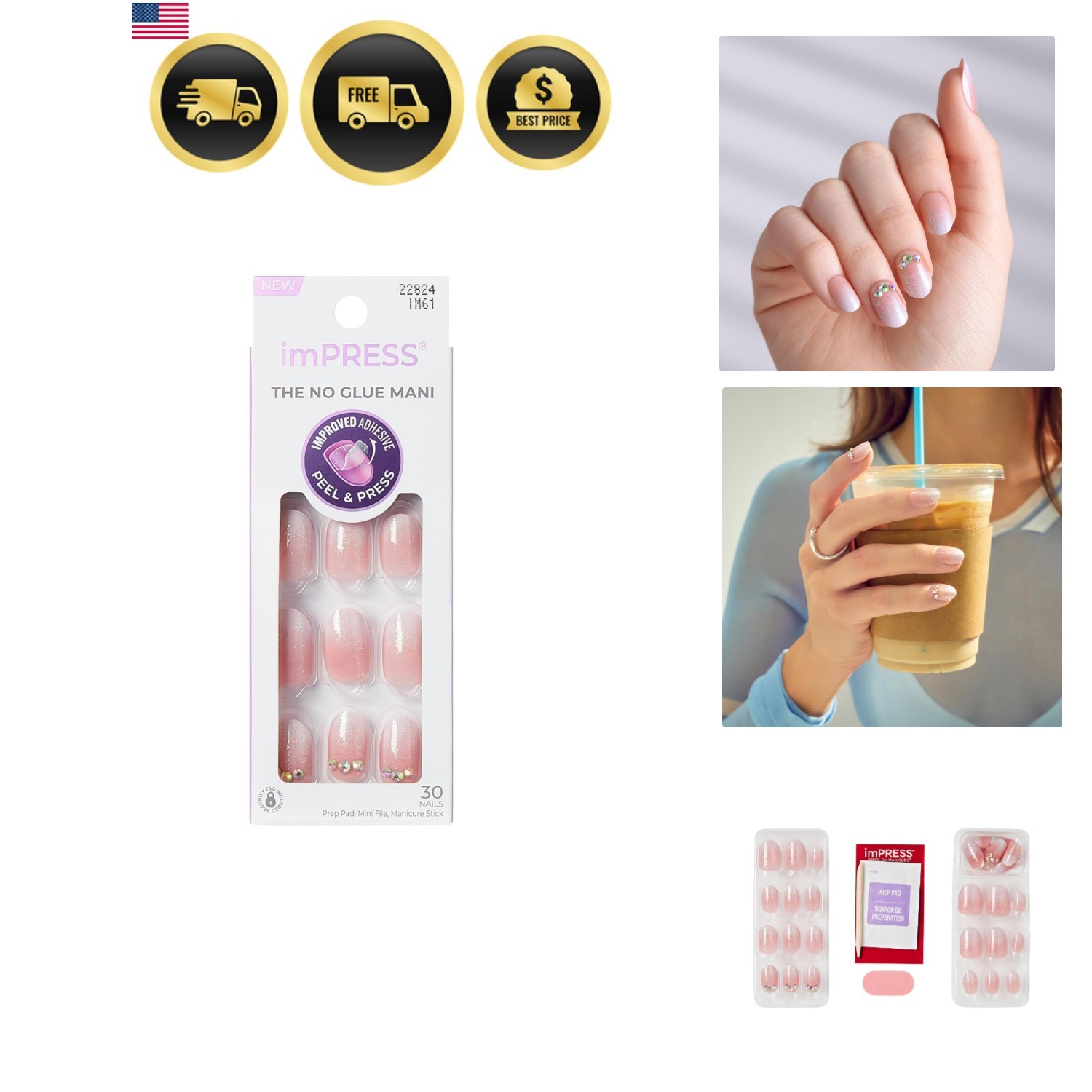 No Glue Mani Press On Nails, Design, ‘Even Better’, Pink, Short Size, Oval Sh…