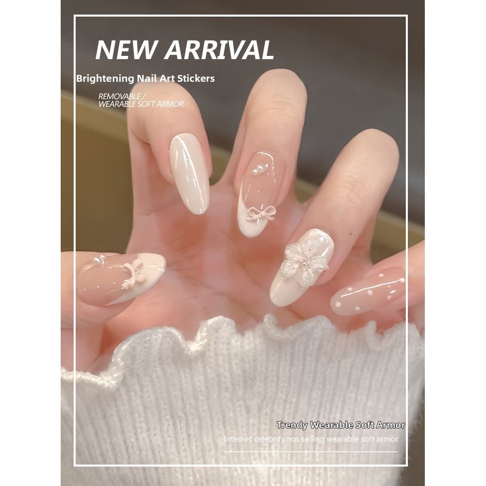 Wearable Nails for Women Featuring 3D Pearl Embellished Flower Bow Removable