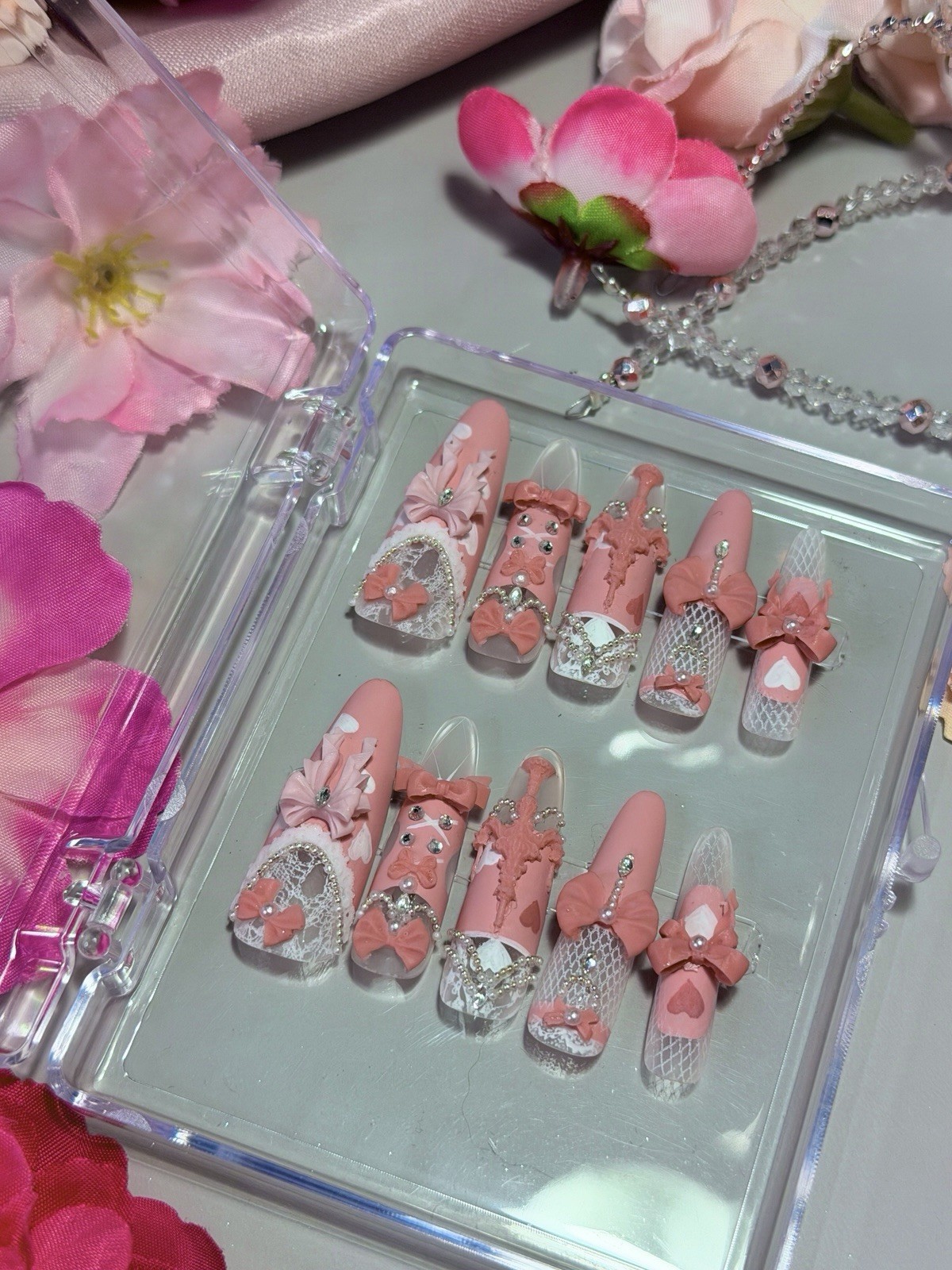 Pink Princess Bow Lace Flower Matte Finish Press On Nails Long Y05 With Pearl