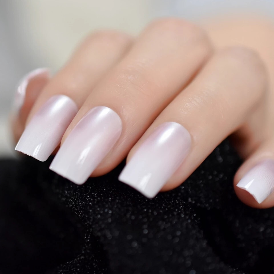 24 Medium Press on Nails kit glue on square pearl french ombre pink white