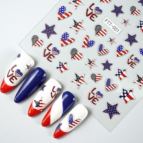 4th of July Nail Stickers 1Pcs Patriotic Designs Nail Art Stickers 5D Embossed