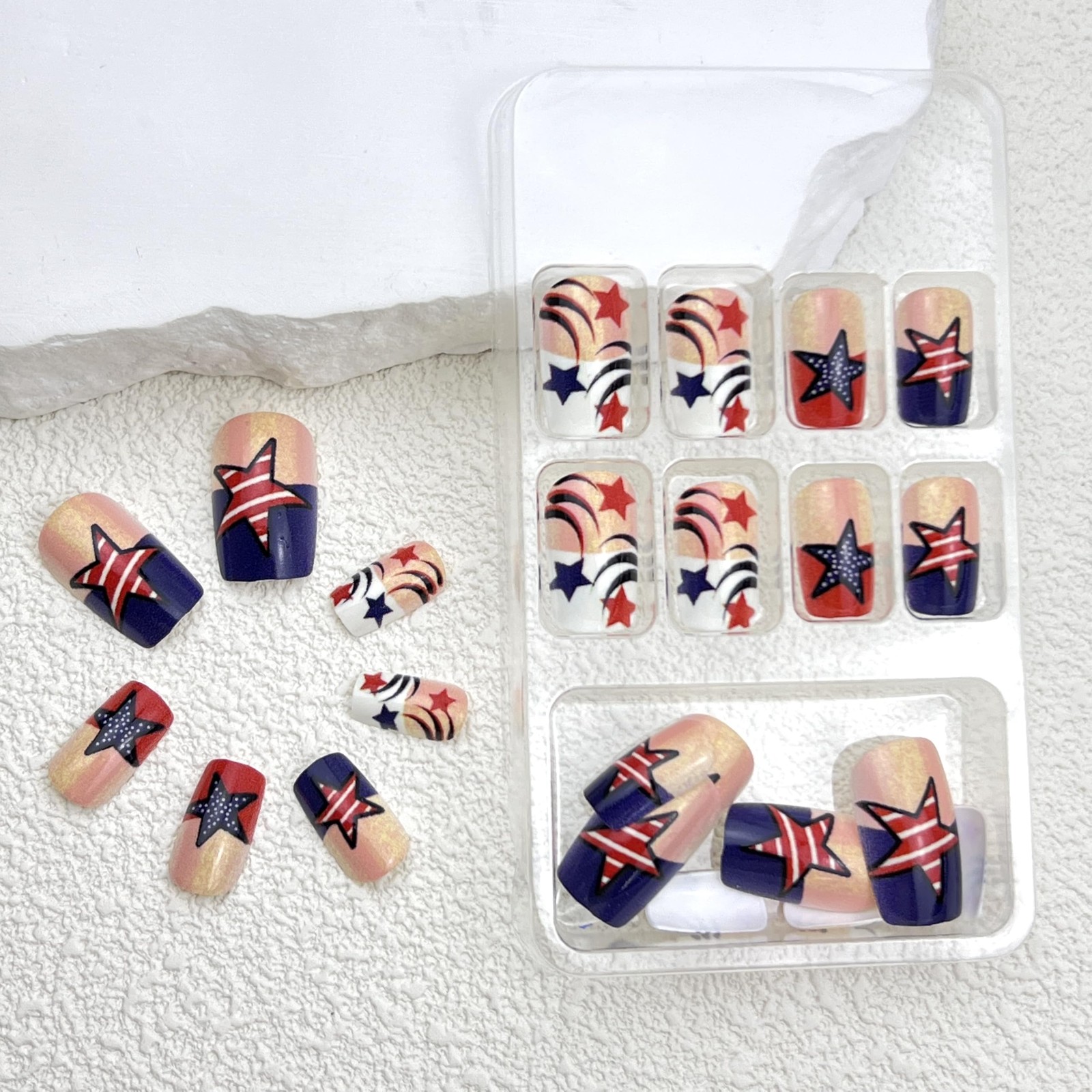 24Pcs 4th of July French Tips Press on Nails Short Square Flag Star Designs F…
