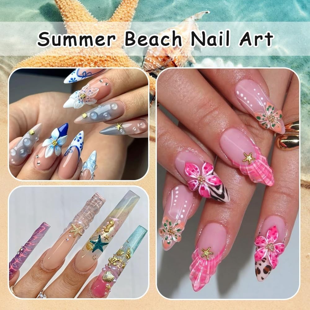 Summer Beach-Themed Nail Charms: 200 Gold Studs with Pearls & Caviar Beads