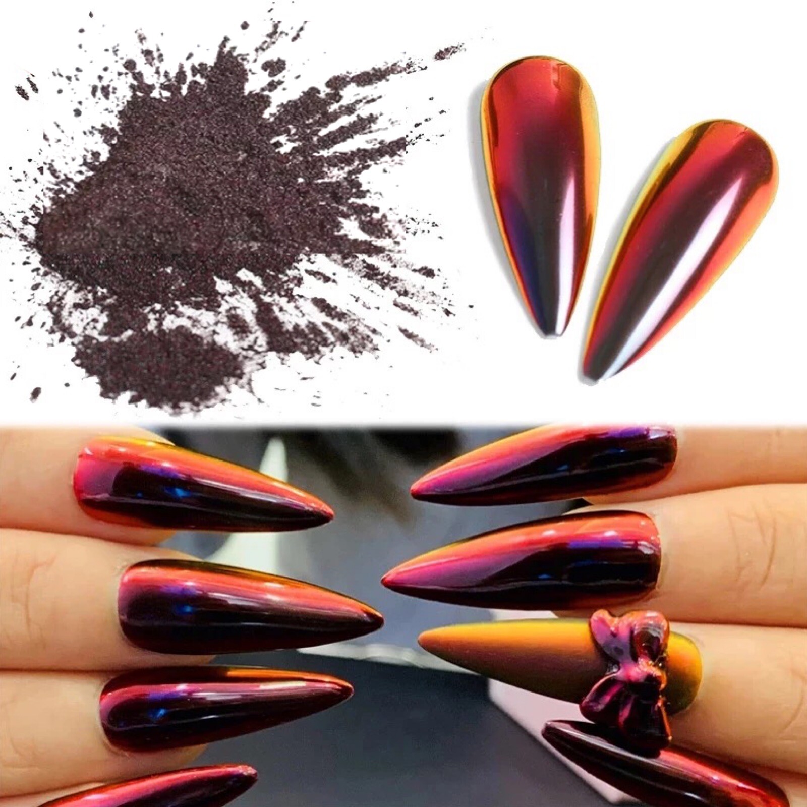 RED to BLACK Chameleon Mirror Nail Powder Duo Chrome Pigment Colour Shift H12