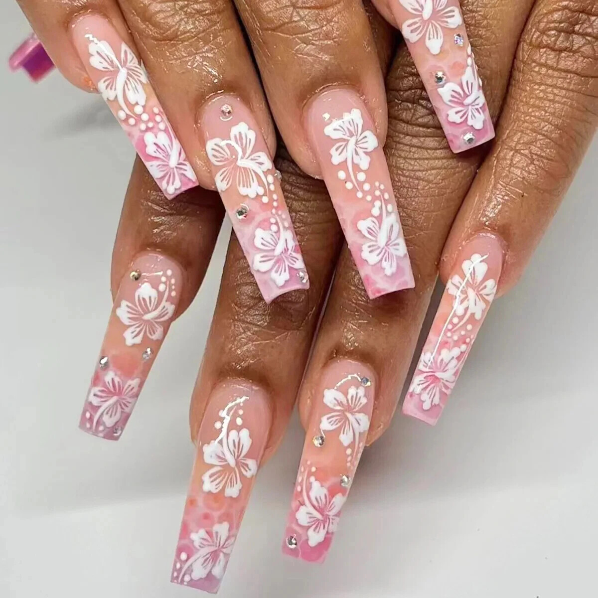 24Pcs Extra Long Square Fake Nail with Glue 3D Little Bear Bow Design False Nail