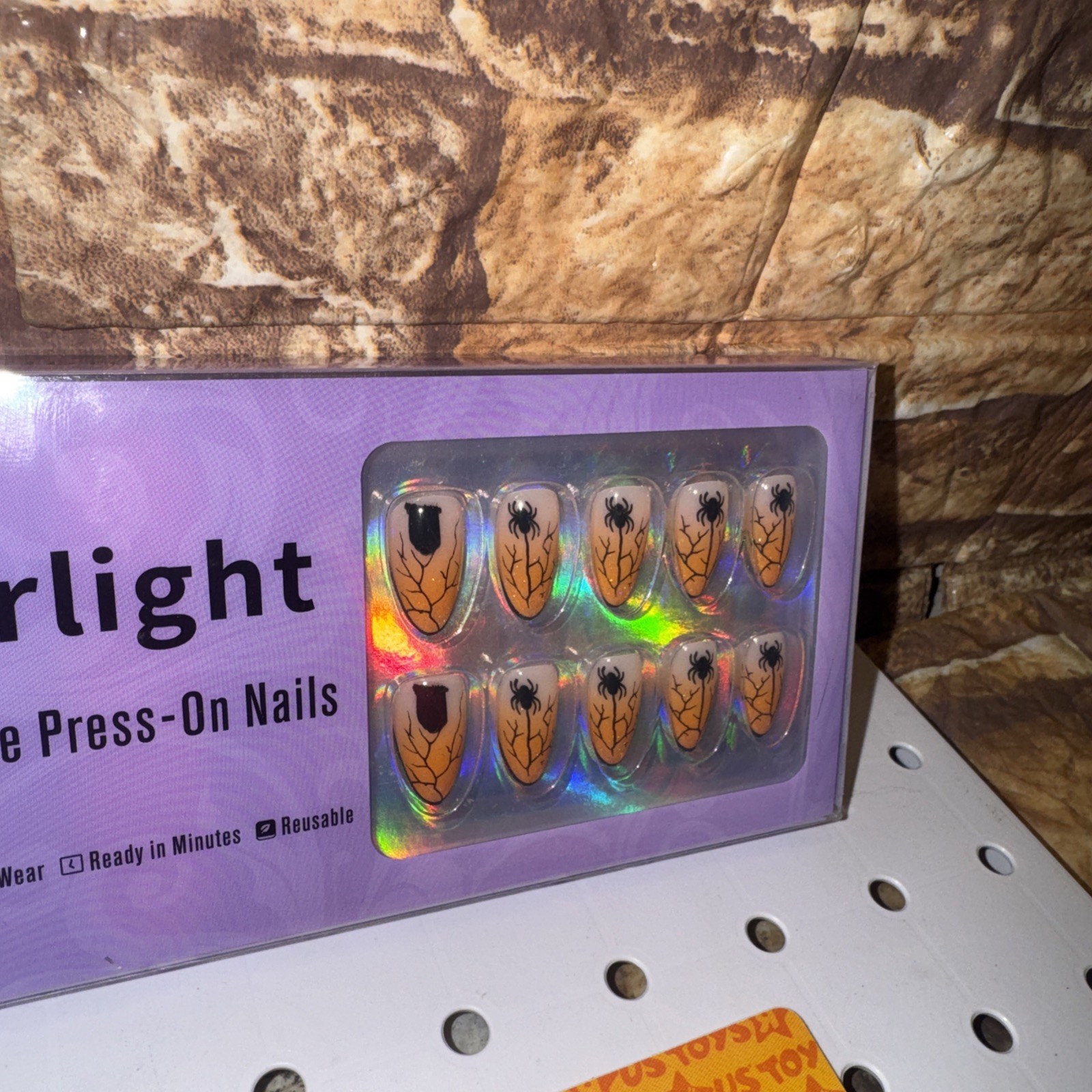 Herlight Press-On Nude Orange Spider Webb 3/4” Reusable Nails Full Set w/glue