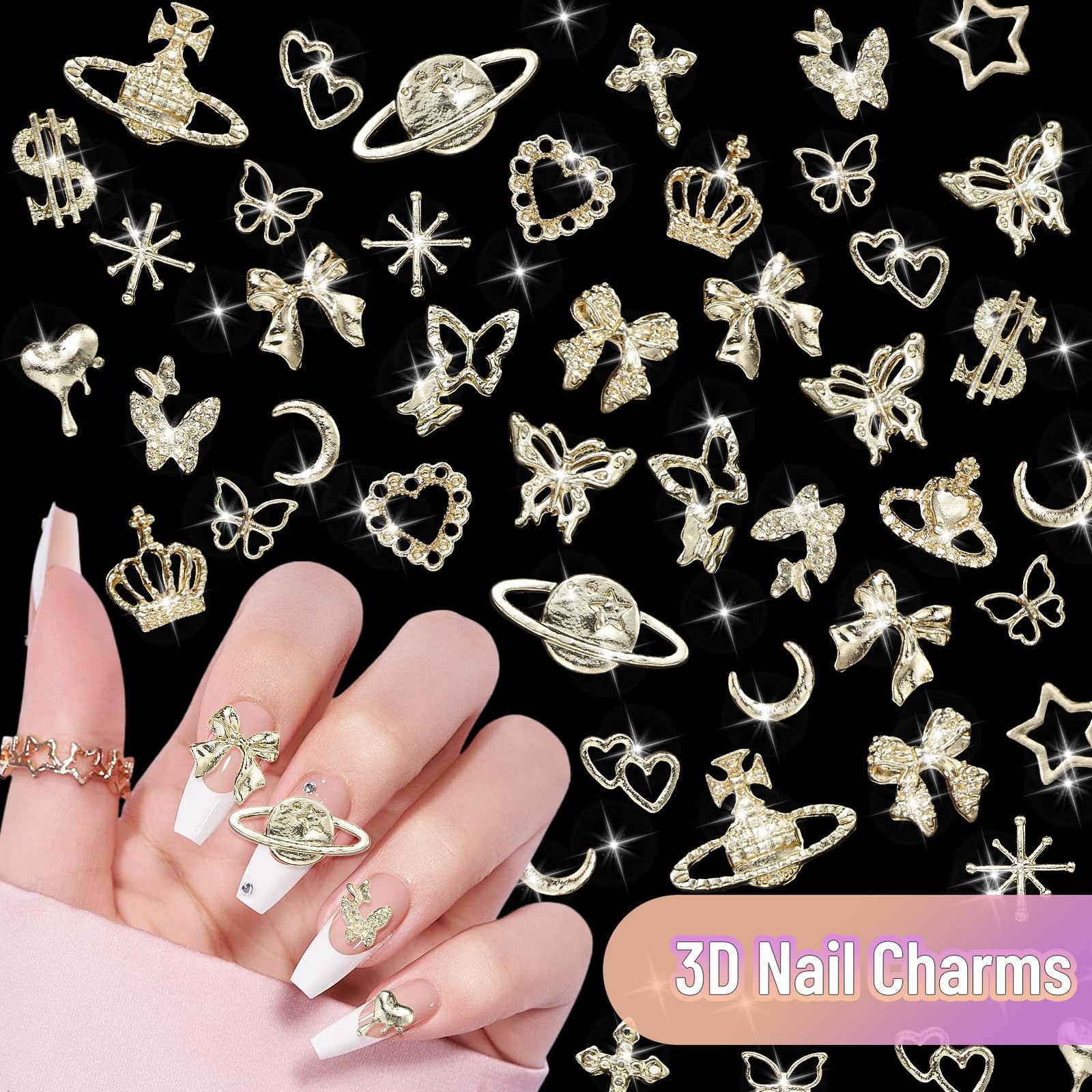 180 Pcs Gold Nail Charms and Gems, Bow Star Butterfly Cross Alloy Nail