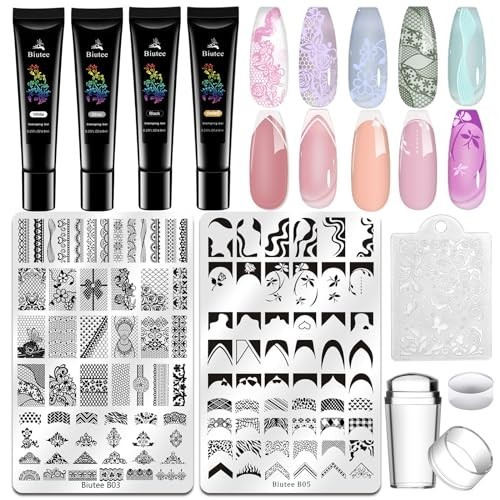 Nail Stamping Kit – 2 Plates, 4 Gel Polishes, 110 Patterns, Silicone Stamper & S