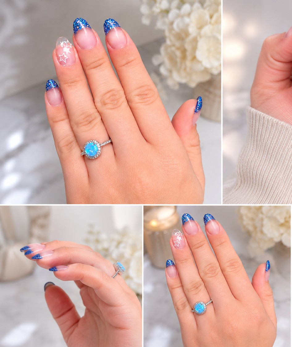 French Tip!! Midnight Sparkly Blue. 4th of July themed. Glow in the dark Starz!!