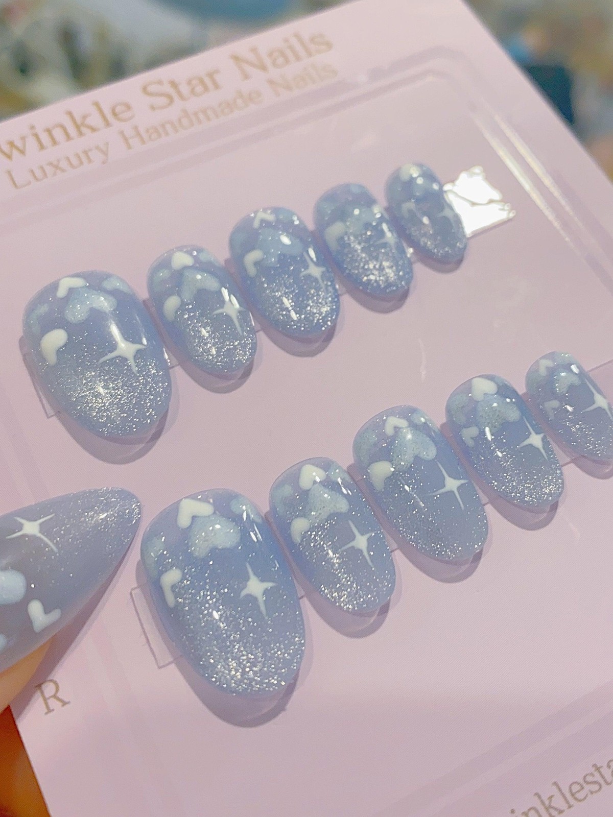 Handmade Light Blue Cloud Star Glitter Medium Oval Press on Nails Summer Daily