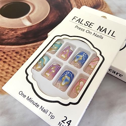 Colorful Press on Nails Square Medium Length 24Pcs Full Colorful With Gold Foil