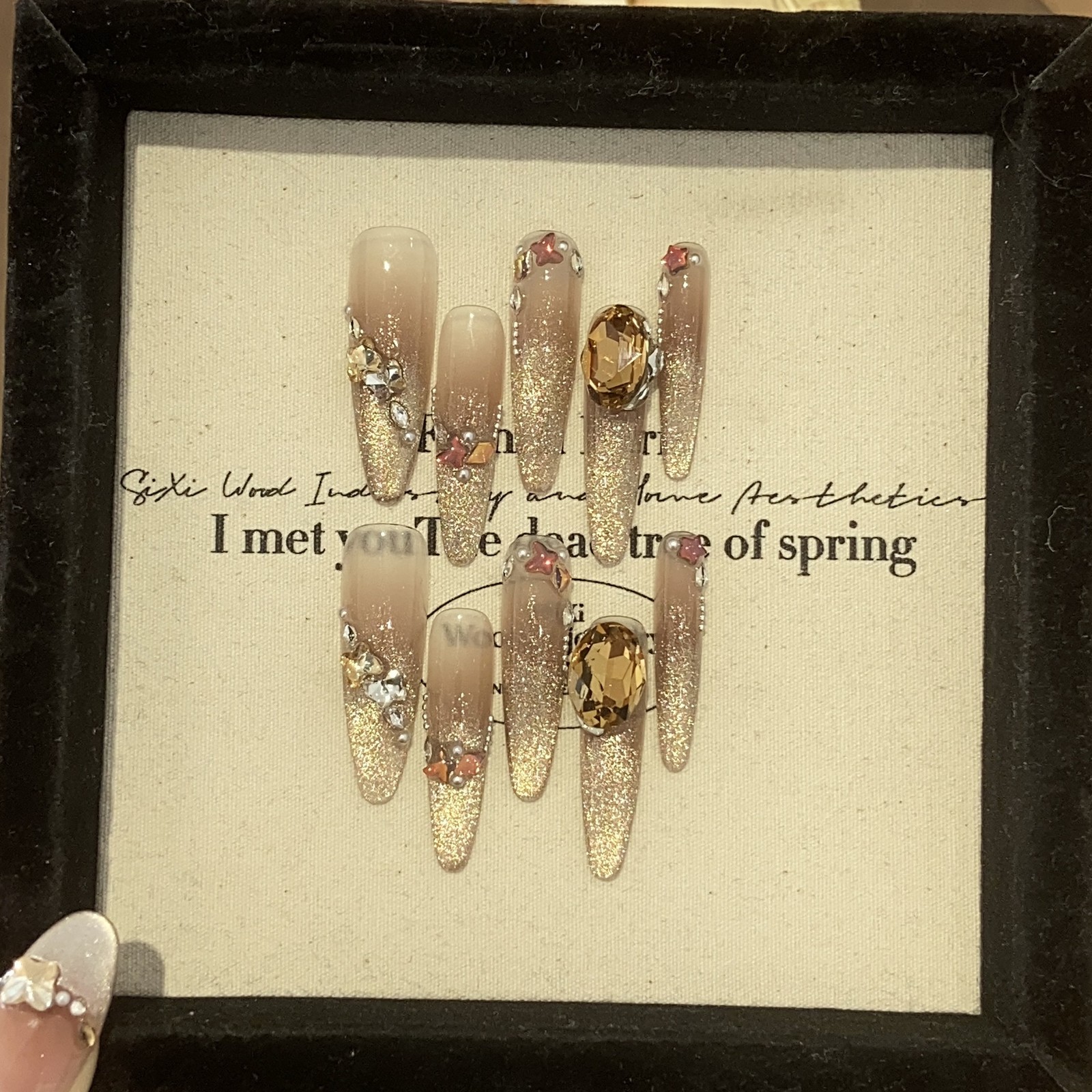 10Pcs Handmade Brown Gradient Long Pointed Nails Rhinestone Fall Style