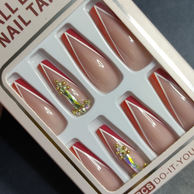 24pcs Red Classic French Press On Nails Jeweled Long Coffin False Nail Set