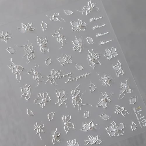 5D Embossed White Flower Nail Art Stickers Pearl Flower Nails Stickers Style-14