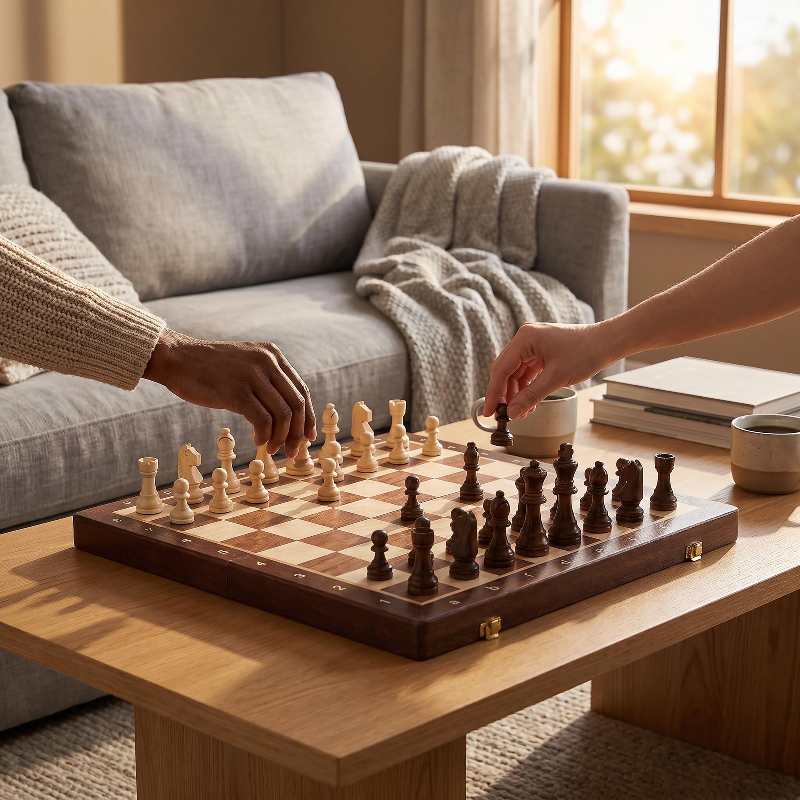 15″ Folding Walnut Chess Set with Storage 15 inches by 15 inches, Walnut/Tan