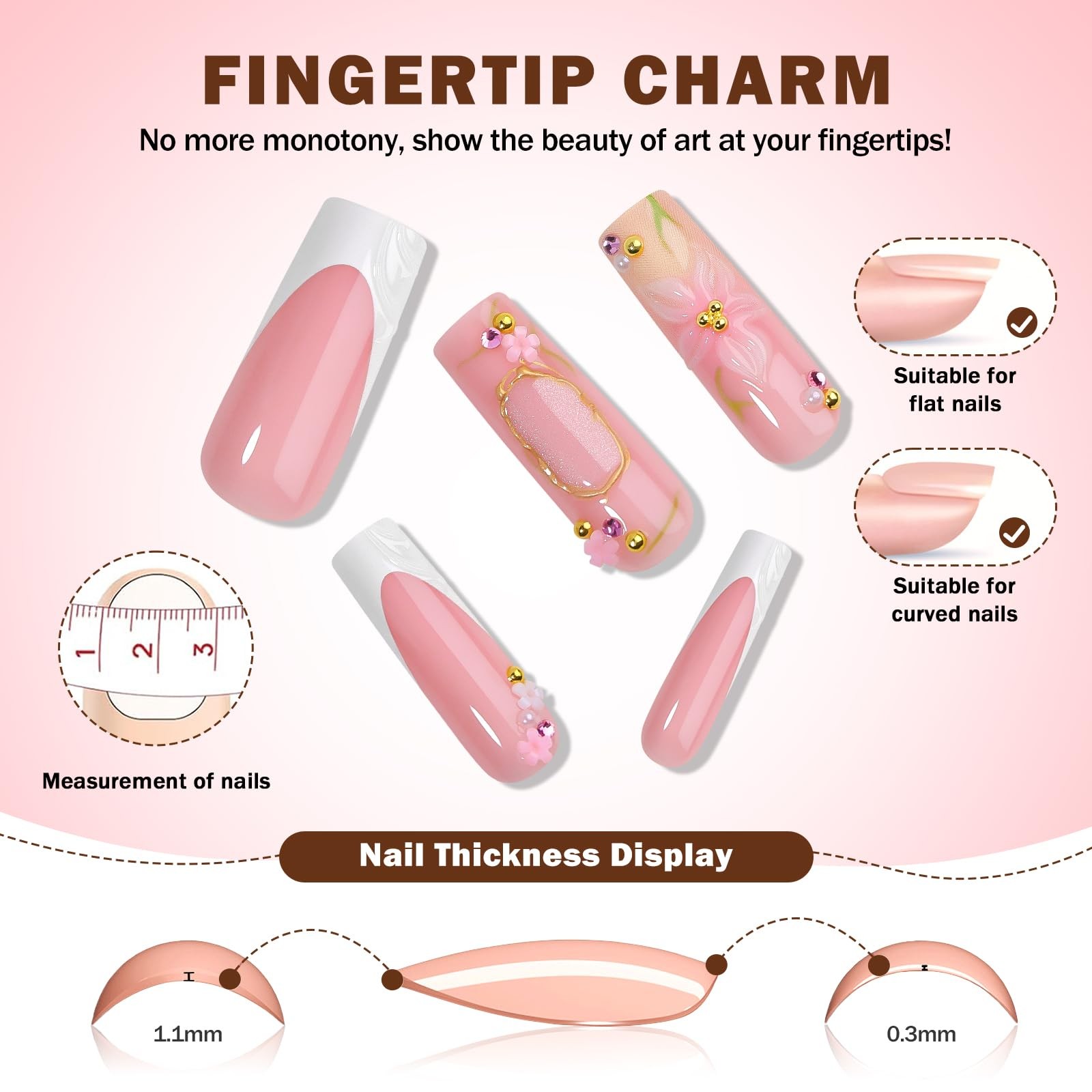 Long Press on Nails Square Press Ons White French Tip Fake Nails with 3D Whit…