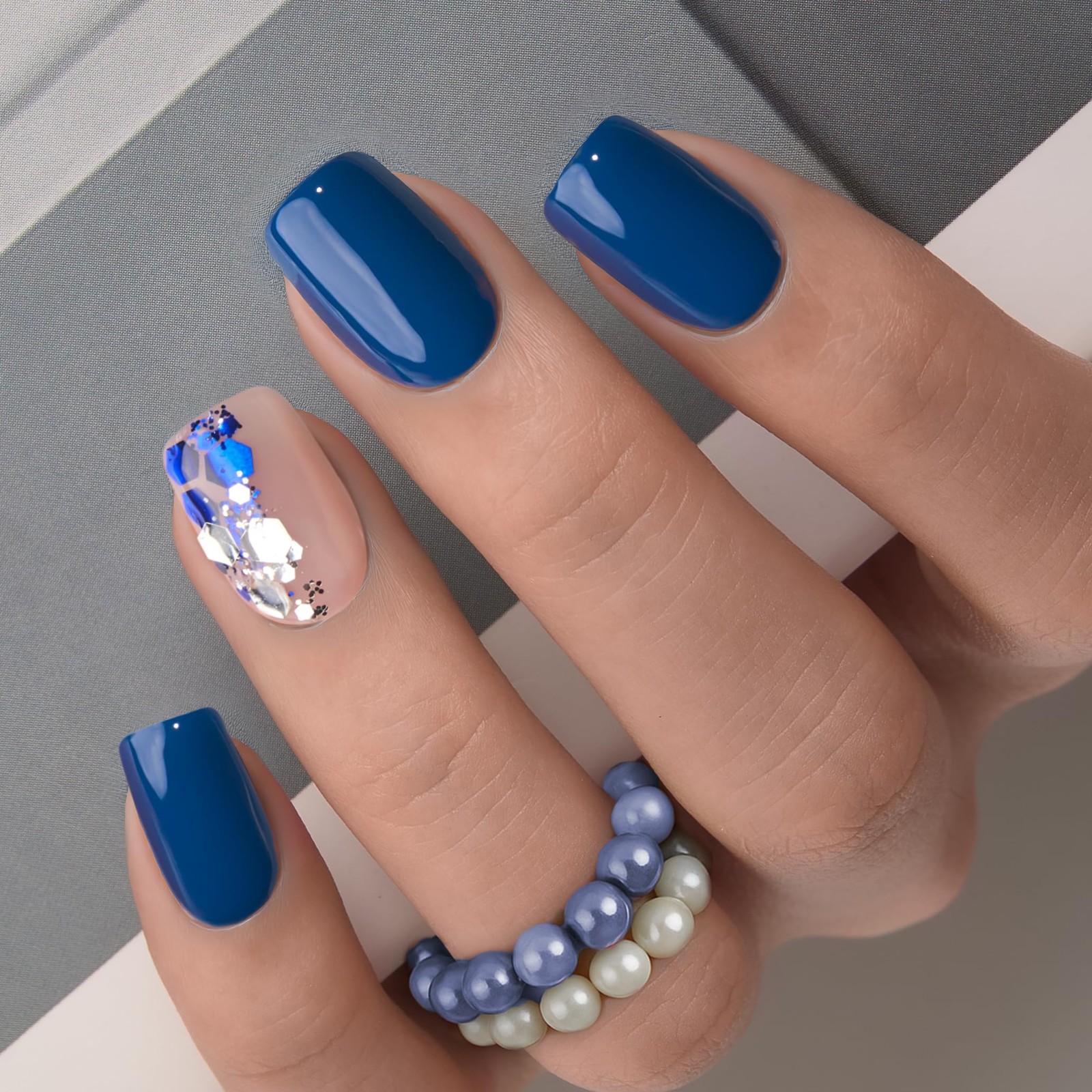 CurvLife Press On Nails Stick Deeping Blue Short Short, deeping blue