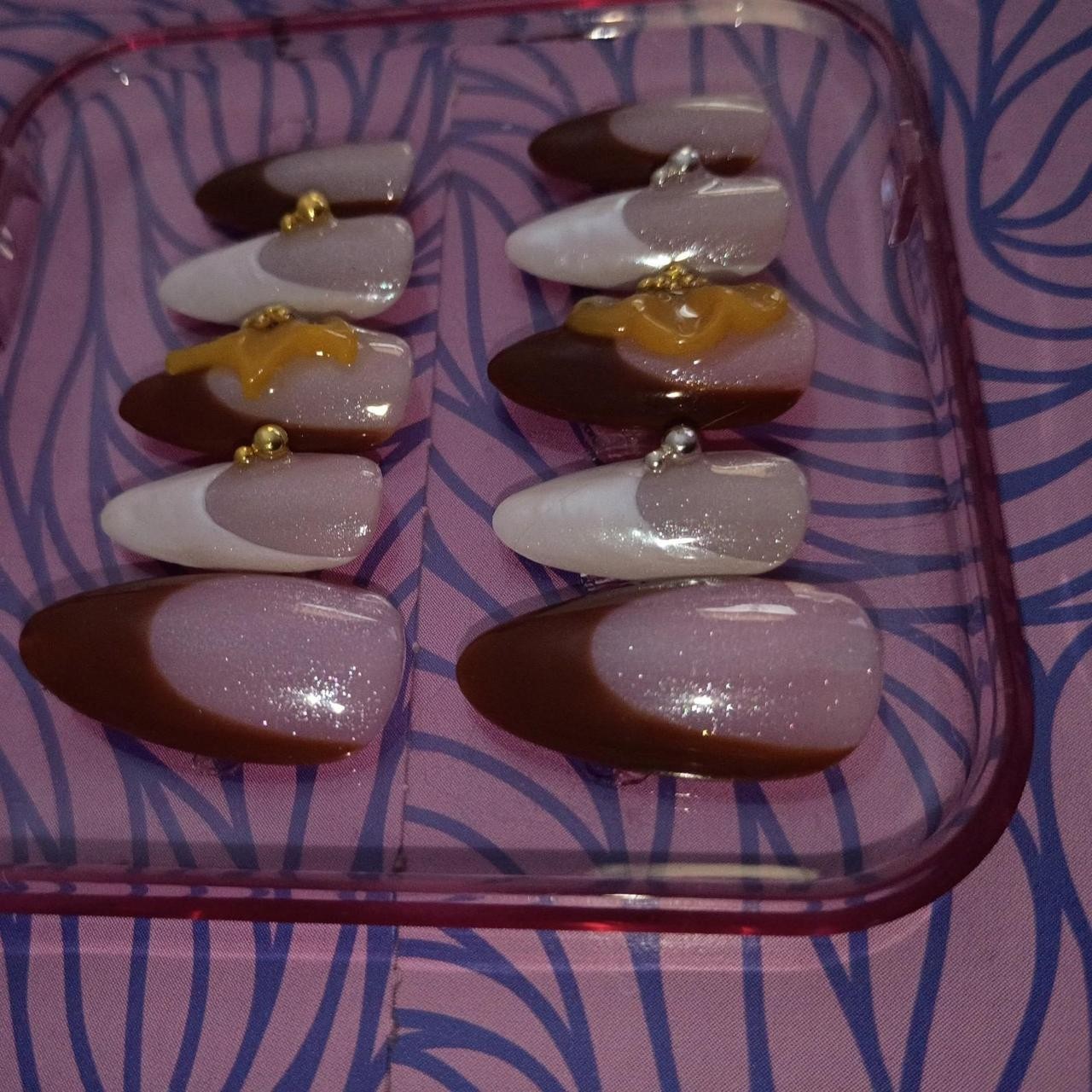 Presson Acrylic Nails With Frenchtips, 3D flowers, and gold/silver accents