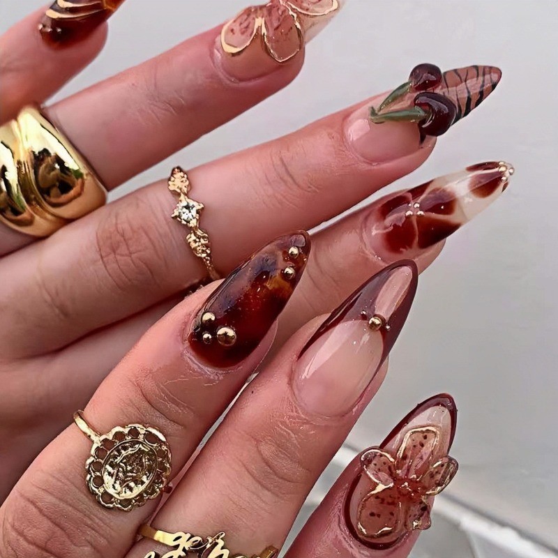 24pcs-Luxury Brown Almond Nails with Nude Base, Tortoise Print and 3D Floral Art
